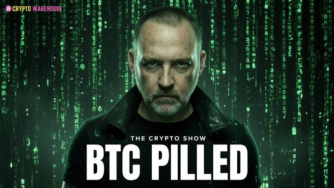A thumbnail for 'Crypto Warehouse' featuring a man against a green digital matrix background with text 'THE CRYPTO SHOW' and 'BTC PILLED'.