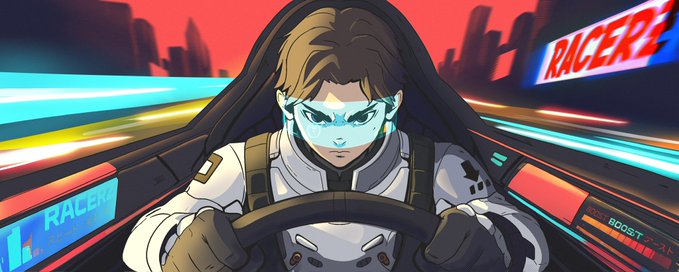 An anime-style digital illustration of a female racer in a white and gray racing suit driving a futuristic vehicle, with neon 'RACER2' signage in the background.