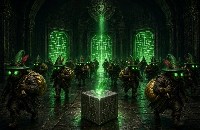 An army of goblin-like creatures with glowing green eyes and feathered hats stand in a dark hall illuminated by green-lit maze-patterned doors, with a glowing cube in the center.