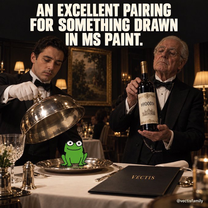 A humorous image showing two tuxedoed men in a fine dining setting; one lifts a silver cloche to reveal a cartoon frog, while the other holds a wine bottle labeled 'FHOODS'. Text reads 'AN EXCELLENT PAIRING FOR SOMETHING DRAWN IN MS PAINT.' with a menu titled 'VECTIS' and a watermark '@vectisfamily'.