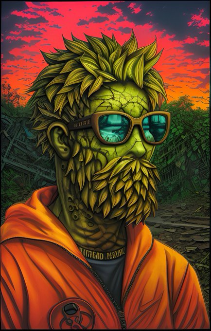 Stylized digital artwork of a green, plant-like humanoid character with spiky leaf hair, a leaf beard, sunglasses, and an orange hoodie set against a red sunset sky.