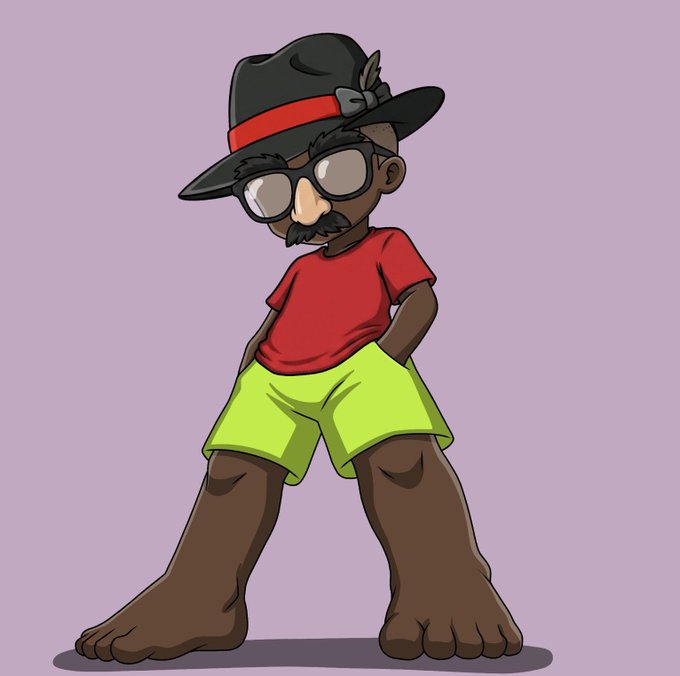 A cartoon illustration of a stylized character wearing a black fedora, sunglasses, a red t-shirt, and green shorts, standing against a purple background.