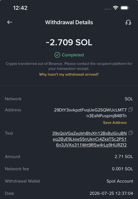 A Binance withdrawal confirmation showing -2.709 SOL (2.71 SOL sent plus 0.001 SOL network fee) successfully transferred from a Spot Account on July 25, 2026, serving as proof of the $200 SOL giveaway to the previous day's winner @BensonRubby.