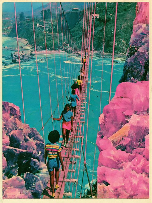 A vintage-styled photograph of people walking across a suspension bridge over turquoise water, with the rocks on either side tinted in vibrant pink hues.