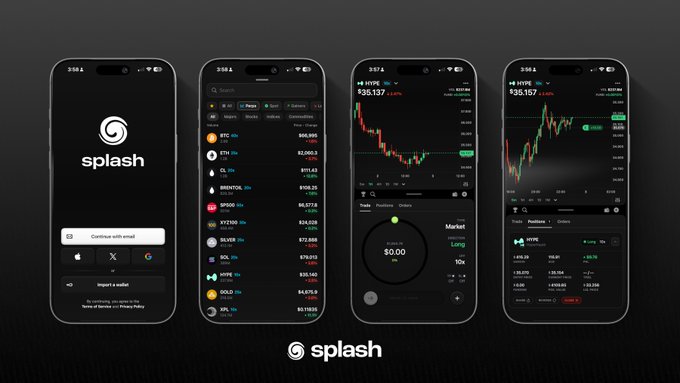 Mobile mockups of the 'splash' crypto trading app displaying login, market listings (BTC, ETH, SOL), and trading interfaces on iPhone screens.