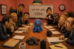 A cartoon illustration of corporate boardroom executives sitting around a conference table looking suspiciously at a small blue Cookie Monster figure in the center, with a whiteboard reading 'we are just t00ns'.