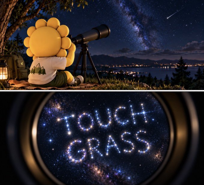 A two-panel image featuring a yellow sunflower character looking through a telescope at a starry night sky with a shooting star, while the bottom panel displays 'TOUGH GRASS' written with glowing stars as seen through the telescope lens.