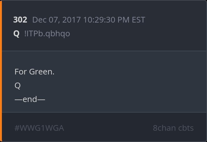 A dark forum post (post #302) from December 7, 2017 on 8chan's CBTS board displays the cryptic message "For Green. Q —end—" with a verification string "!ITPb.qbhqo" and the hashtag #WWG1WGA. The minimalist "For Green" text aligns with the post's note interpreting 12/7 as a key date, hinting at a countdown or symbolic significance tied to the QAnon-style post.