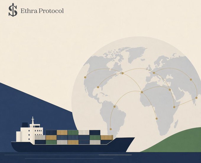 Ethra Protocol branding graphic featuring a cargo ship sailing across an ocean with a translucent globe showing global shipping route lines connecting continents.