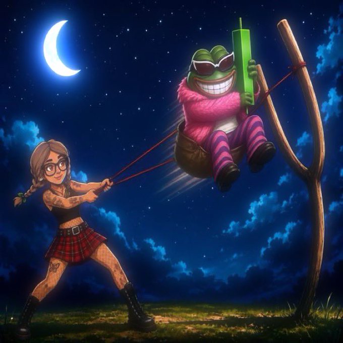 A whimsical digital illustration of a tattooed girl with glasses using a slingshot to launch a green frog wearing sunglasses and a pink sweater into a starry night sky.