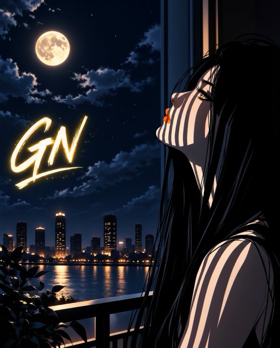 An anime-style illustration of a woman with long black hair looking out a window at a moonlit cityscape, with glowing yellow text reading 'GIN' in the sky.