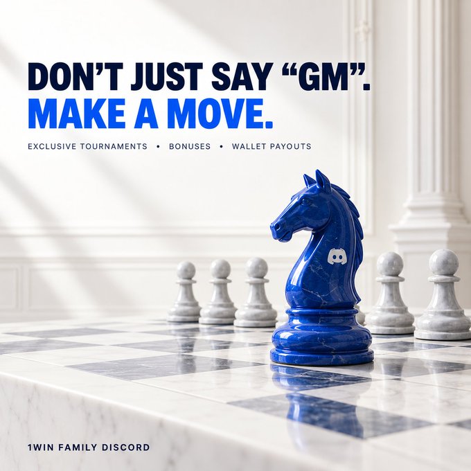 An advertisement with the text 'DON'T JUST SAY "GM". MAKE A MOVE.' promoting 'EXCLUSIVE TOURNAMENTS • BONUSES • WALLET PAYOUTS' for '1WIN FAMILY DISCORD', featuring a blue marble chess knight piece with a Discord logo on a marble chessboard.