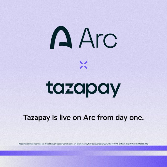 A purple announcement graphic featuring the 'Arc' and 'tazapay' logos with the text 'Tazapay is live on Arc from day one,' along with a small disclaimer about Tazapay Canada Corp.