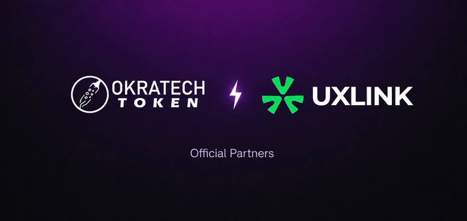The image features a logo for Okratech token and UXLINK, both of which are companies that are collaborating with each other. The logo includes a lightning bolt symbolizing energy and power, representing the technology behind Okratech token. The text on the logo states "Okratech token x UXLINK We are excited to collaborate with @UXLINKofficial a leading Web3 social growth platform". This collaboration aims to combine the power of Okratech token with the reach and influence of UXLINK, creating a more efficient and effective way for users to access and utilize their services.
