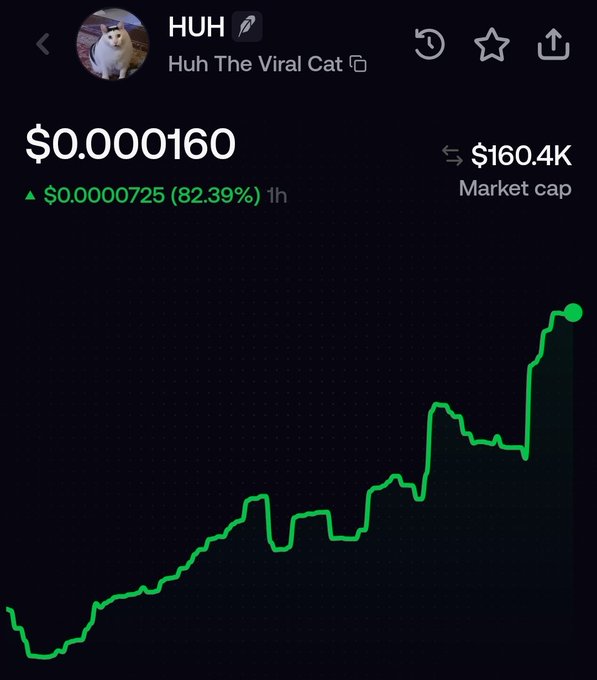 A screenshot showing the $HUH token ("Huh The Viral Cat") trading at $0.000160 with a market cap of $160.4K and a sharp 82.39% gain over the past hour, illustrating the rapid price surge referenced in the post about the cat-themed memecoin launched on Pons.