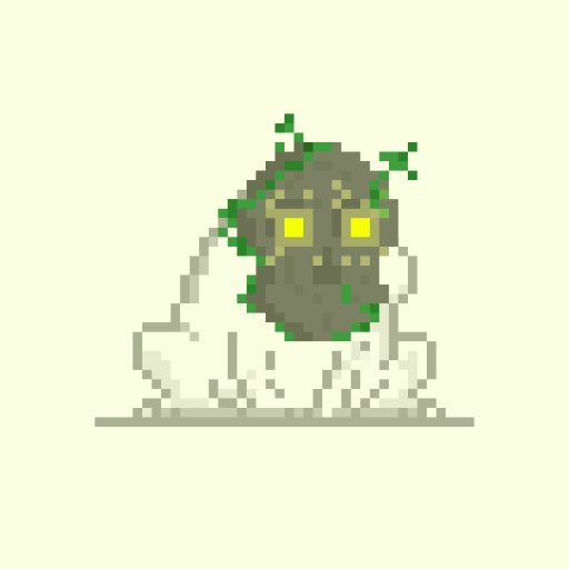 A pixel art creature with a gray-green face, glowing yellow eyes, and a skeletal bone-like body sits against a pale background, evoking a swampy or undead aesthetic. It pairs with the "Toadohoodino GM" post as a stylized, mystical character greeting the crypto community.