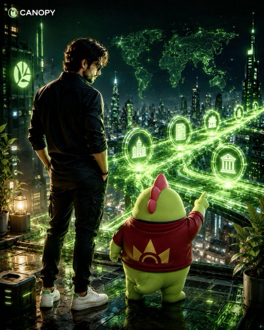 Digital artwork featuring a man and a green character in a red sweater looking out over a futuristic, neon-green cityscape with holographic financial icons, watermarked with 'CANOPY' in the upper left.