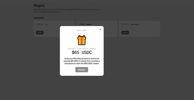 A pop-up window on a plugins marketplace page displays a Variablz Transaction Reward of $65 USDC, requiring MoonPay verification.