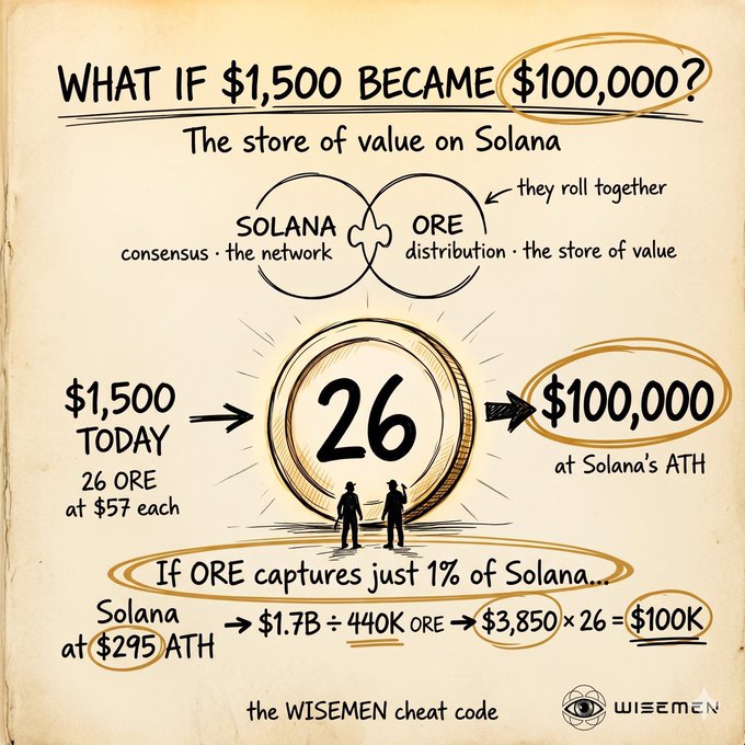 An illustrated infographic titled "What if $1,500 became $100,000?" depicting ORE as "the store of value on Solana," showing 26 ORE tokens at $57 each potentially equaling $100K if ORE captures 1% of Solana at $295 ATH, branded as "the WISEMEN cheat code."
