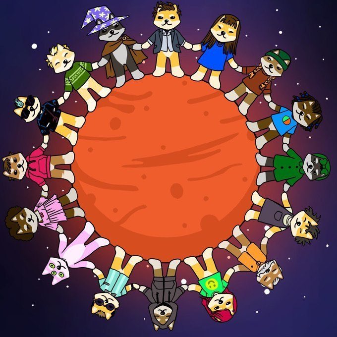 A whimsical cartoon depicts a diverse group of anthropomorphic dogs (and one cat) holding hands in a circle around a red planet, set against a starry purple space backdrop. The image playfully illustrates the post's vision of bringing dogs to Mars on International Dog Day, featuring characters in various outfits including a wizard, an astronaut, and everyday clothing.