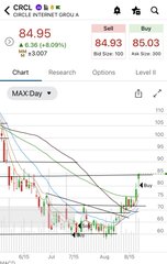 A financial chart app showing CRCL (Circle Internet Group) stock at $84.95, with a Sell/Bid/Ask display and a MAX-Day line chart.