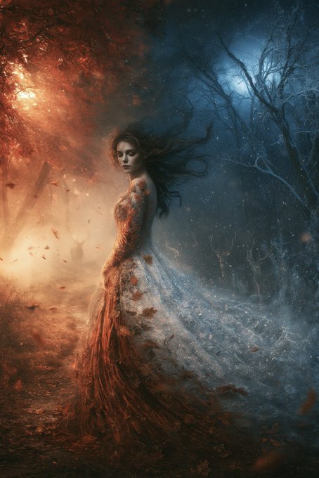 A digital painting depicting a woman in a flowing, autumn-leaf-embellished dress standing between two contrasting environments: a warm, fiery orange forest on the left and a cold, blue, wintry forest on the right.
