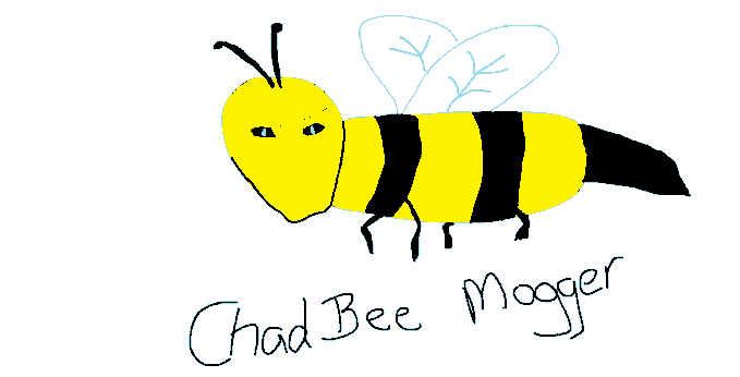 Hand-drawn cartoon illustration of a yellow and black striped bee with the text "Chad Bee Mogger" written below it.