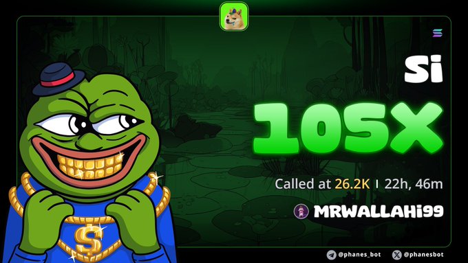 A promotional graphic featuring a Pepe the Frog meme character with gold teeth and chains displays '105x' in large green text with 'Called at 26.2K | 22h, 46m' and the handle '@MRWALLAHi99' along with social media tags for '@phanes_bot'.