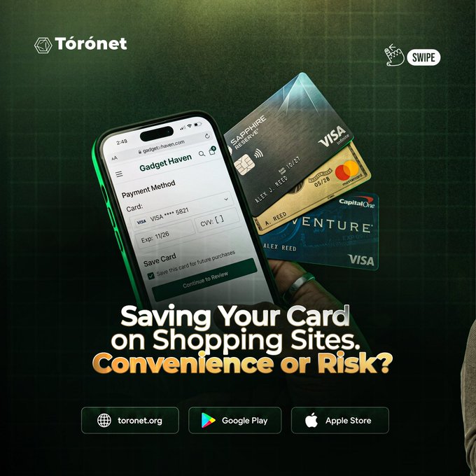 A Toronet advertisement showing a phone displaying a 'Gadget Haven' payment screen with multiple credit cards (Sapphire Reserve, Mastercard, Capital One Venture), captioned 'Saving Your Card on Shopping Sites. Convenience or Risk?'