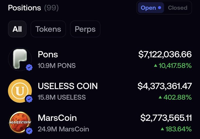 A crypto positions dashboard displaying three major holdings: Pons ($7,122,036.66, +10,417.58%), USELESS COIN ($4,373,361.47, +402.88%), and MarsCoin ($2,773,565.11, +183.64%), representing Unipcs' biggest FOMO bags that Owen shared charts of on X.