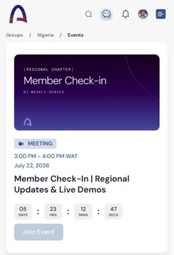 The image displays an event page for the "Member Check-in" Regional Chapter meeting, scheduled from 3:00 PM to 4:00 PM WAT on July 22, 2026, with a countdown showing 5 days, 23 hours, 12 minutes, and 47 seconds remaining until the event begins. This aligns with the post's announcement of the upcoming Member Check-In event happening in 5 days.