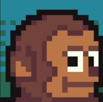 A close-up pixel-art style image showing the side profile of a character with brown skin, short curly hair, and one visible eye against a teal and green background.