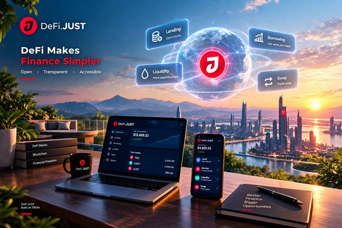 A promotional image for 'DeFi.JUST' with the slogan 'DeFi Makes Finance Simpler', showing a laptop and smartphone displaying the platform's interface alongside icons for Lending, Borrowing, Liquidity, and Swap, set against a city skyline.