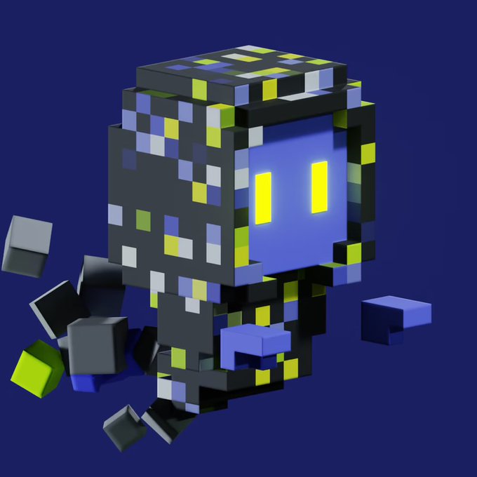 A 3D voxel-style character resembling a blocky astronaut or robot with glowing yellow eyes, made of black, blue, and yellow cubes, floating against a dark blue background.