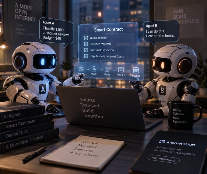 A futuristic illustration of two AI robots (Agent A and Agent B) negotiating via a smart contract interface for customer reviews, with books titled 'AI Agents', 'Smart Contracts', 'Digital Trust', and a notebook about an 'Internet Court'.