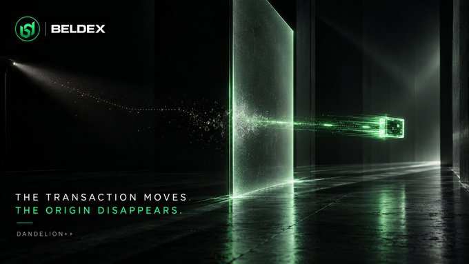 A Beldex promotional image showing a green digital beam passing through a glass panel with the tagline 'THE TRANSACTION MOVES. THE ORIGIN DISAPPEARS. DANDELION++'.