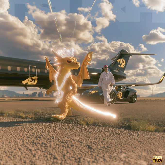A fantasy scene featuring a golden dragon wearing a crown and holding a glowing sword, standing on cracked earth beside a black sports car and private jet, with a person in white clothing and red cap walking toward the viewer under a cloudy sky.