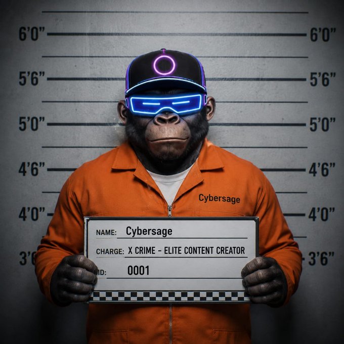 A mugshot-style AI-generated image of a chimpanzee wearing neon sunglasses and a cap, dressed in an orange prison jumpsuit labeled 'Cybersage', holding a placard reading 'NAME: Cybersage, CHARGE: X CRIME - ELITE CONTENT CREATOR, ID: 0001'.