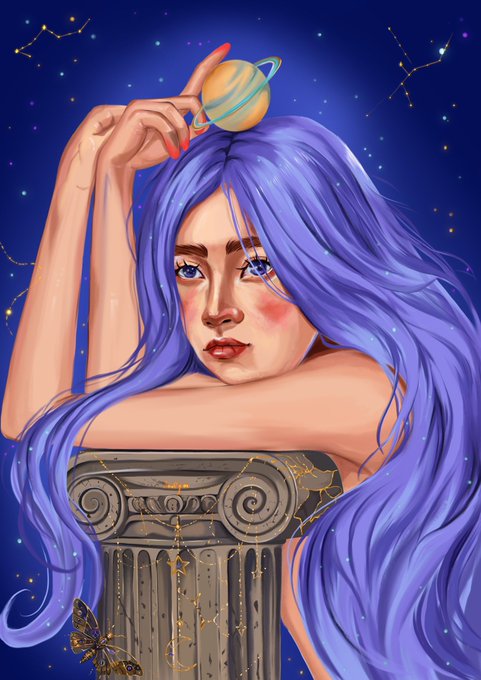 A digital painting of a purple-haired woman leaning on a stone pillar under a starry night sky, with a small planet balanced on her head and a butterfly nearby.