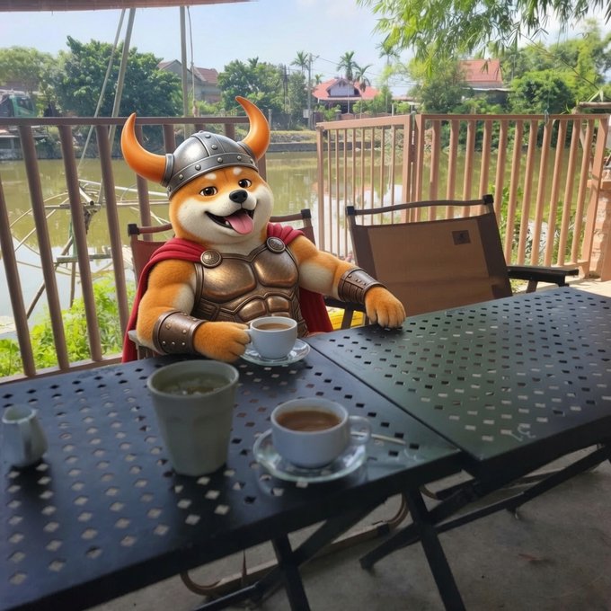 A Shiba Inu dog dressed in a Viking costume with horns, a helmet, and armor sits at a black metal table holding a coffee cup, with a pond and buildings visible in the background.