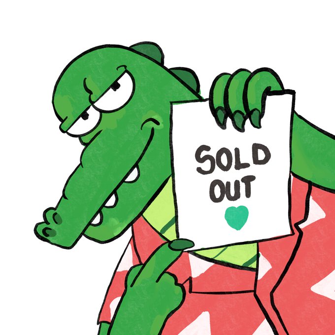A cartoon crocodile character wearing a red Hawaiian shirt holds up a "SOLD OUT" sign with a green heart, visually celebrating the sellout of Crocpad's genesis mint. The crocodile's cheerful expression and the "sold out" notice align with the post's announcement that the mint has successfully sold out, with the reveal coming in 24 hours.