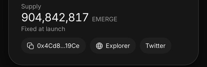 The image shows the tokenomics details for $EMERGE, displaying a fixed supply of 904,842,817 tokens at launch, along with its contract address (0x4Cd8...19Ce), explorer link, and Twitter button. This supply figure contextualizes the post's claim that burning 600M $EMERGE would eliminate more than half of the total fixed supply.