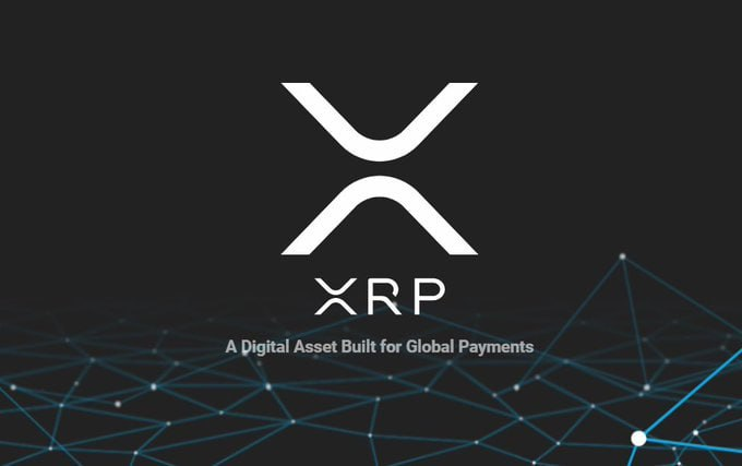 The XRP logo displayed on a dark background with the tagline 'A Digital Asset Built for Global Payments' and network graphic below.