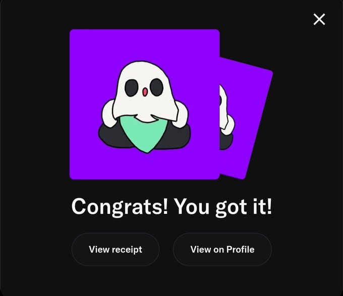 A dark-themed app screen showing a purple cartoon ghost icon with the text 'Congrats! You got it!' and buttons for 'View receipt' and 'View on Profile'.