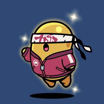 A cute cartoon character resembling a yellow blob/duck wearing a pink hoodie and a patterned headband/bandana, floating against a dark blue background with sparkle effects.