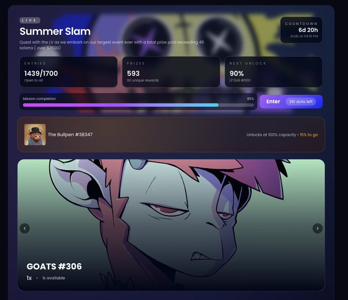 A 'Summer Slam' event page showing 1439/1700 entries open, 593 prizes, 90% LP ball unlocked, a countdown of 6d 20h, and displaying an NFT card titled 'GOATS #306' featuring an anime-style character.