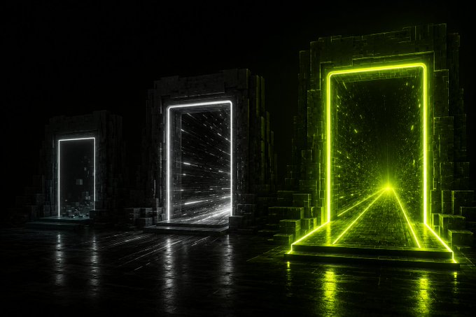 A triptych of glowing portals—one small, one medium, one massive—set in rough stone frames and receding into the distance, symbolizing the evolution of blockchain from nascent experiment (small door) to scaling infrastructure (middle arch) to the bright, institutional-grade execution environment the post envisions for serious capital.

The text in the post is cut off mid-sentence ("Trust the"), so no complete key phrases, numbers, tickers, or names are visible to transcribe.