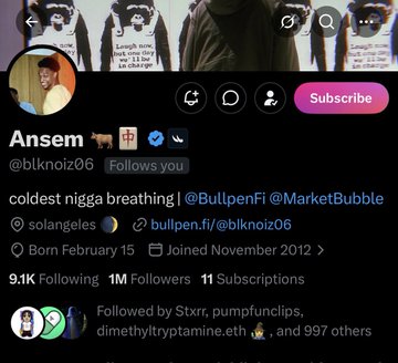 A Twitter profile for "Ansem" (@blknoiz06) is displayed, showing 1M followers, 11 subscriptions, and a join date of November 2012, with the banner featuring dark imagery. The post caption "ICEMAN TURNT $ANSEM" likely references the user's handle and crypto ticker $ANSEM, tying the profile to the cryptocurrency community.