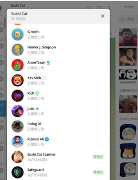 A Telegram group chat called "Sushi Cat" shows a list of members including "Sushi Cat Scanner," "Safeguard," and users like "G michi," "Homer J. Simpson," "AnonTexan," "Kev Shib," "Rich," "Julu," "Dindg 01," and "Rizwan A4," with online status indicators visible next to each name.