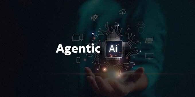 A digital graphic featuring a glowing circuit-board AI chip floating above an outstretched hand, with the text 'Agentic Ai' and various technology icons including a cloud, gear, and monitor.